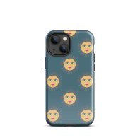 Sun and moon face illustration phone case design with celestial pattern.
