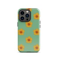 Vibrant green phone case with yellow floral pattern for iPhone 13 Pro, stylish and protective.