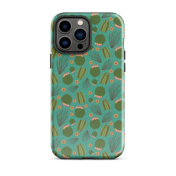tough-case-for-iphone-glossy-iphone-13-pro-max-front-690cbd038ad60.jpg Vibrant cactus and desert plant patterned phone case on teal background.