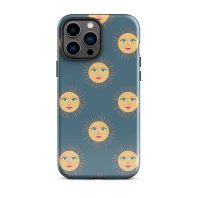 Vibrant phone case with sun and moon face pattern for iPhone 13 Pro.