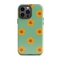 Vibrant green phone case with yellow floral pattern for iPhone 13 Pro models.