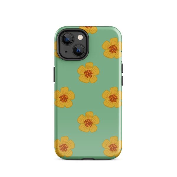 tough-case-for-iphone-glossy-iphone-14-front-690e2f0d795f8.jpg Colorful floral phone case with yellow flowers on mint green background.