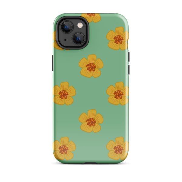 tough-case-for-iphone-glossy-iphone-14-plus-front-690e2f0d7965d.jpg Vegan floral phone case with yellow flowers on a green background for iPhone.