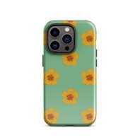 Vibrant green iPhone case with yellow floral design, perfect for stylish phone accessories.
