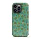 Vivid cactus patterned phone case with green cacti and pink flowers on turquoise background.