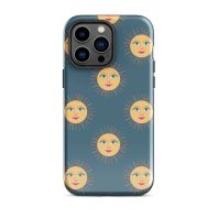 Sun and moon face pattern phone case with celestial design for iPhone.