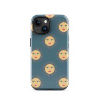 Sun face patterned iPhone case with colorful smiling sun illustration.