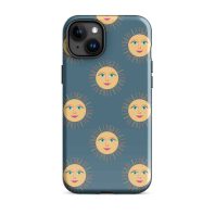 Sun and moon face phone case design with vibrant colors and playful illustration.