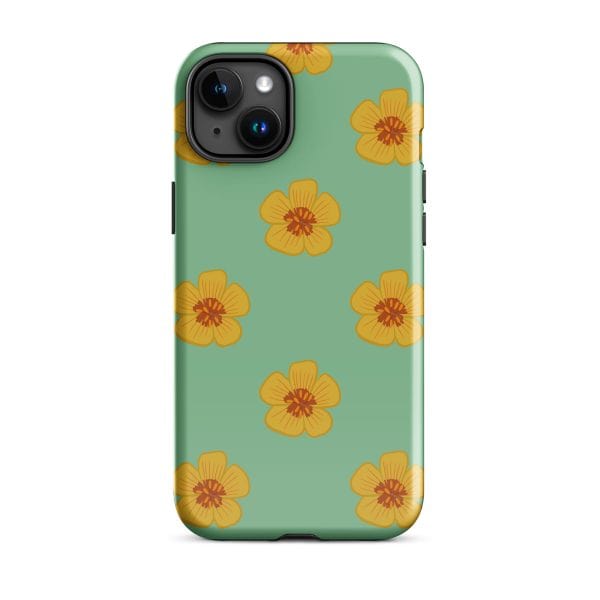 tough-case-for-iphone-glossy-iphone-15-plus-front-690e2f0d797f7.jpg Bright green phone case with yellow floral pattern, perfect for stylish iPhone protection.