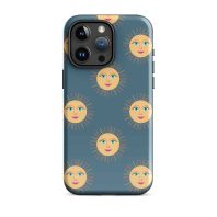 Sun face pattern phone case with blue background showcasing cheerful sun illustrations.