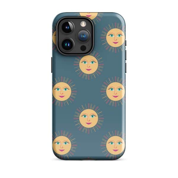 tough-case-for-iphone-glossy-iphone-15-pro-max-front-690e29736d4c7.jpg Sun face pattern phone case with blue background showcasing cheerful sun illustrations.