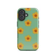Colorful floral phone case with yellow flowers on a green background for iPhone.