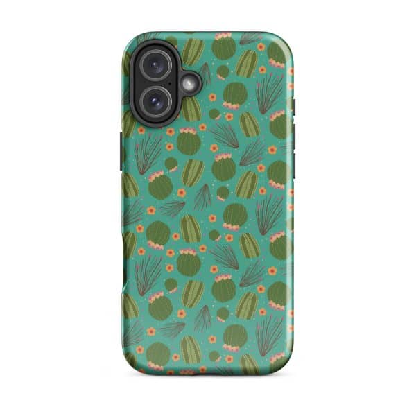 tough-case-for-iphone-glossy-iphone-16-plus-front-690cbd038b160.jpg Vivid cactus-patterned phone case with green, pink, and orange accents.