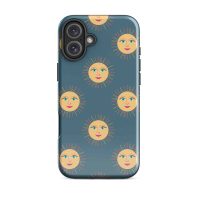 Sun face phone case with cheerful sun and face pattern, perfect for sunny day accessories.