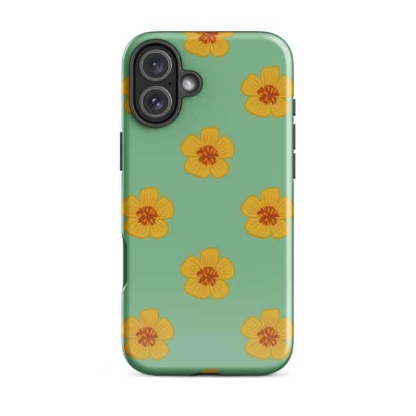 tough-case-for-iphone-glossy-iphone-16-plus-front-690e2f0d7999a.jpg Vibrant green phone case with yellow hibiscus flower pattern for iPhone 13.