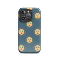 Bright sun and moon face pattern phone case for iPhone with celestial design and cheerful artwork.