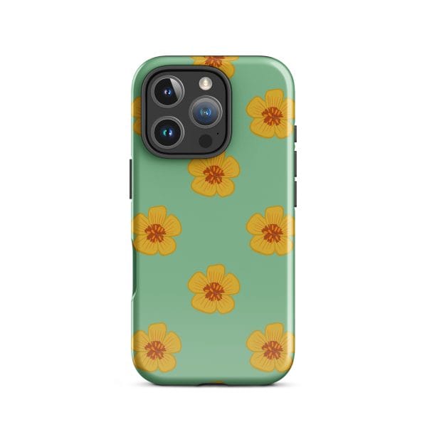 tough-case-for-iphone-glossy-iphone-16-pro-front-690e2f0d799ff.jpg Bright green iPhone case with yellow flower pattern, stylish and protective design.