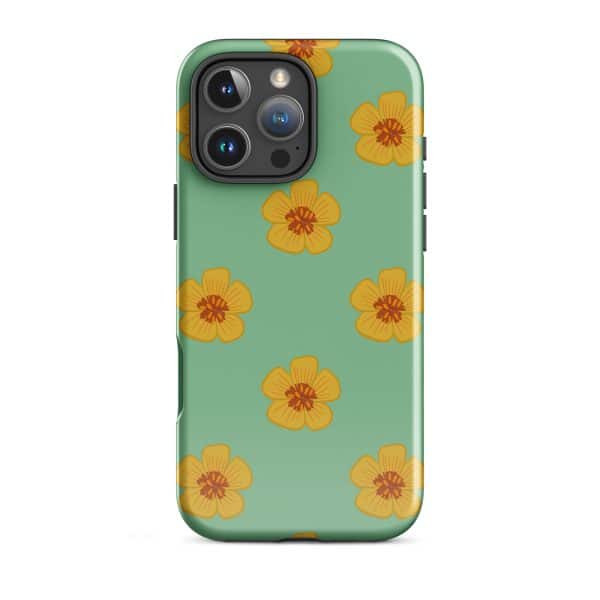 tough-case-for-iphone-glossy-iphone-16-pro-max-front-690e2f0d79a64.jpg Colorful floral phone case with yellow flowers on mint green background.