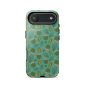 Cactus pattern phone case on smartphone with dual camera, stylish and protective accessory.
