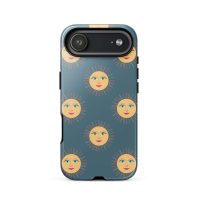 Colorful sun face phone case design featuring cheerful smiling sun illustrations.