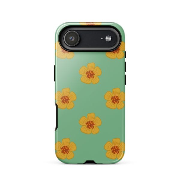 tough-case-for-iphone-glossy-iphone-17-air-front-690e2f0d79b11.jpg Vibrant floral phone case with yellow-orange flowers on a mint green background.