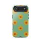 Vibrant floral phone case with yellow-orange flowers on a mint green background.