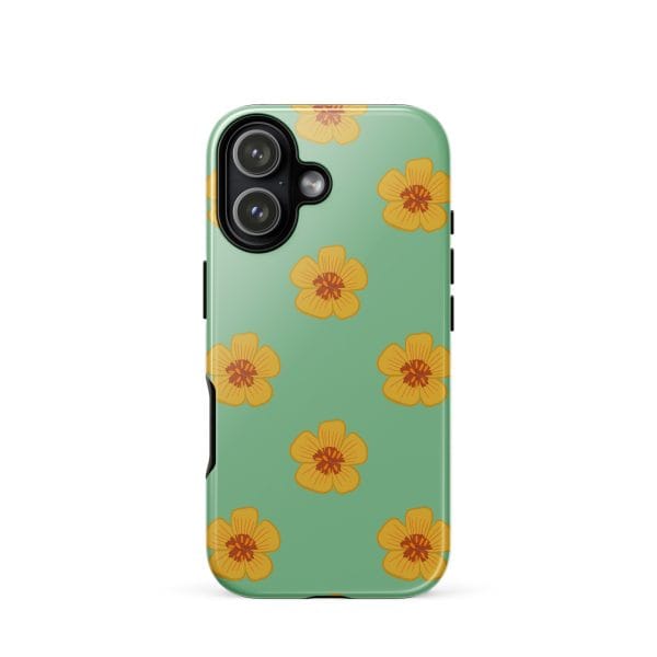 tough-case-for-iphone-glossy-iphone-17-front-690e2f0d79ac8.jpg Vibrant green phone case with bright yellow floral pattern for iPhone protection and style.