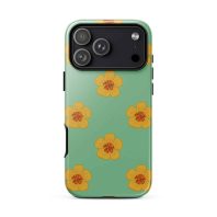 Vivid floral phone case with yellow flowers on mint green background for iPhone 13 Pro. Illustrated by Arizona-based artist Nicole Peery.