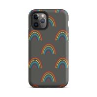 Colorful rainbow pattern phone case with dark background for iPhone.