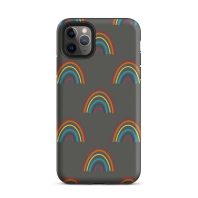 Colorful rainbow pattern phone case on dark background for iPhone.