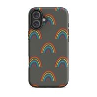 Colorful rainbow pattern phone case on dark gray background.