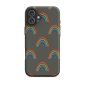 Colorful rainbow pattern phone case on dark gray background.