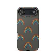 Colorful rainbow phone case with dark background.