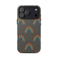 Rainbow pattern iPhone tough case with hand-drawn textured rainbows in red, orange, yellow, teal, blue, and pink on gray background