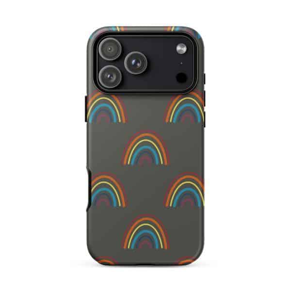 tough-case-for-iphone-matte-iphone-17-pro-max-front-69482bd3b2855.jpg Rainbow pattern iPhone tough case with hand-drawn textured rainbows in red, orange, yellow, teal, blue, and pink on gray background
